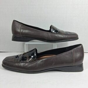 Trotters Brown Leather Croc Embossed Patent Panel Slip On Loafers Block Heel 9